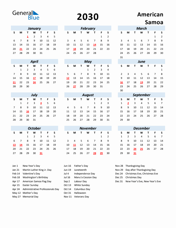 2030 Calendar for American Samoa with Holidays