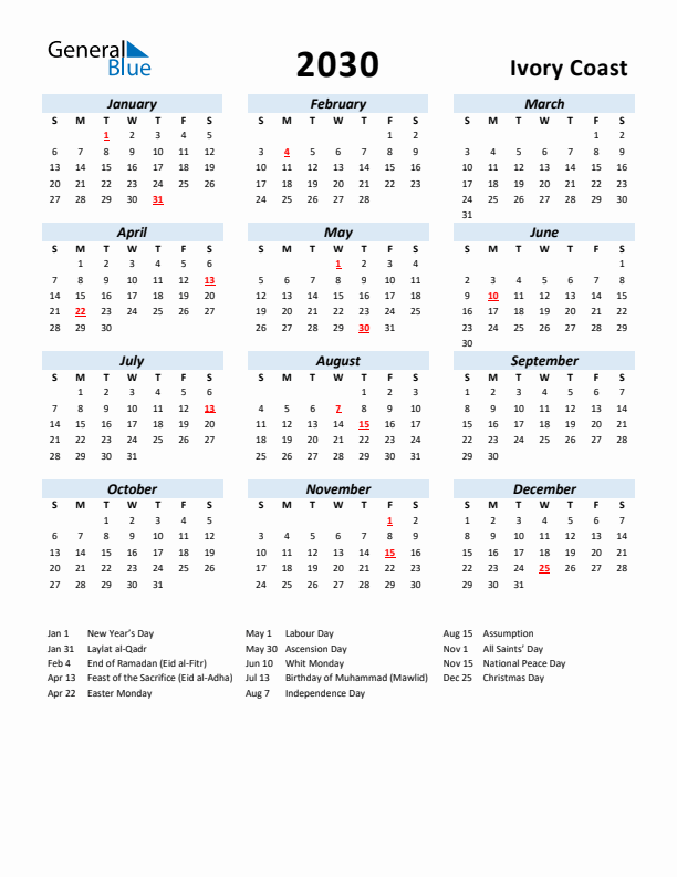 2030 Calendar for Ivory Coast with Holidays