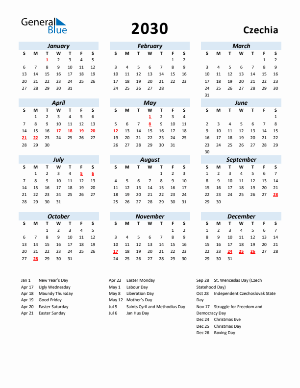 2030 Calendar for Czechia with Holidays