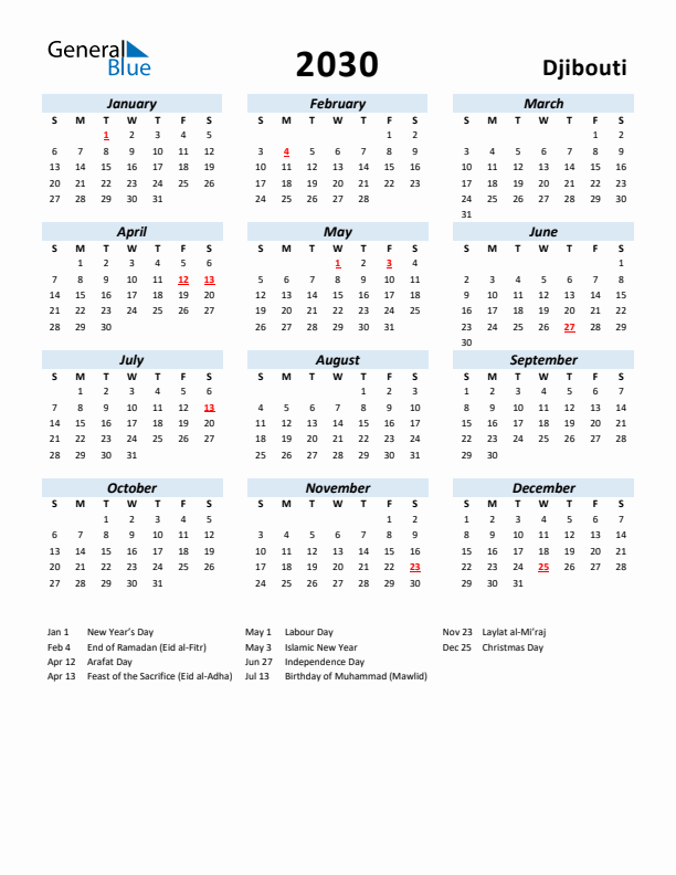 2030 Calendar for Djibouti with Holidays