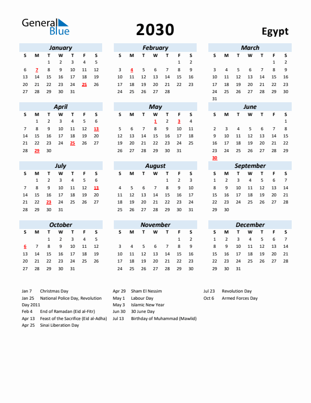 2030 Calendar for Egypt with Holidays