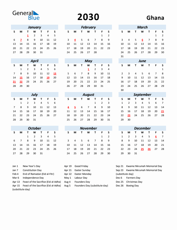 2030 Calendar for Ghana with Holidays