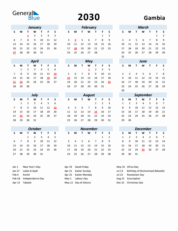 2030 Calendar for Gambia with Holidays