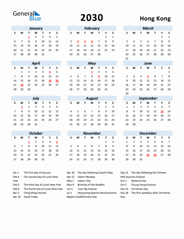 2030 Calendar for Hong Kong with Holidays