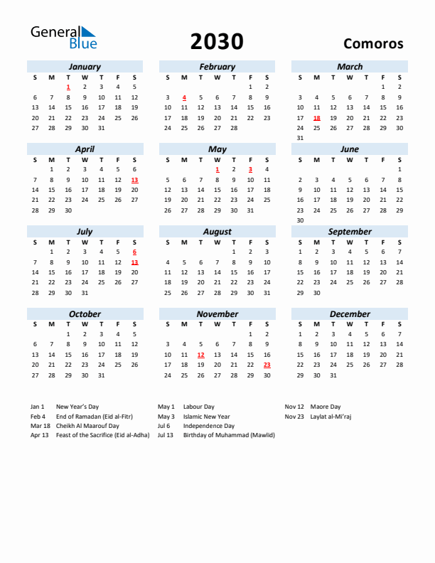 2030 Calendar for Comoros with Holidays