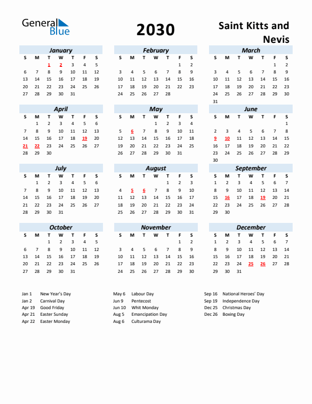 2030 Calendar for Saint Kitts and Nevis with Holidays