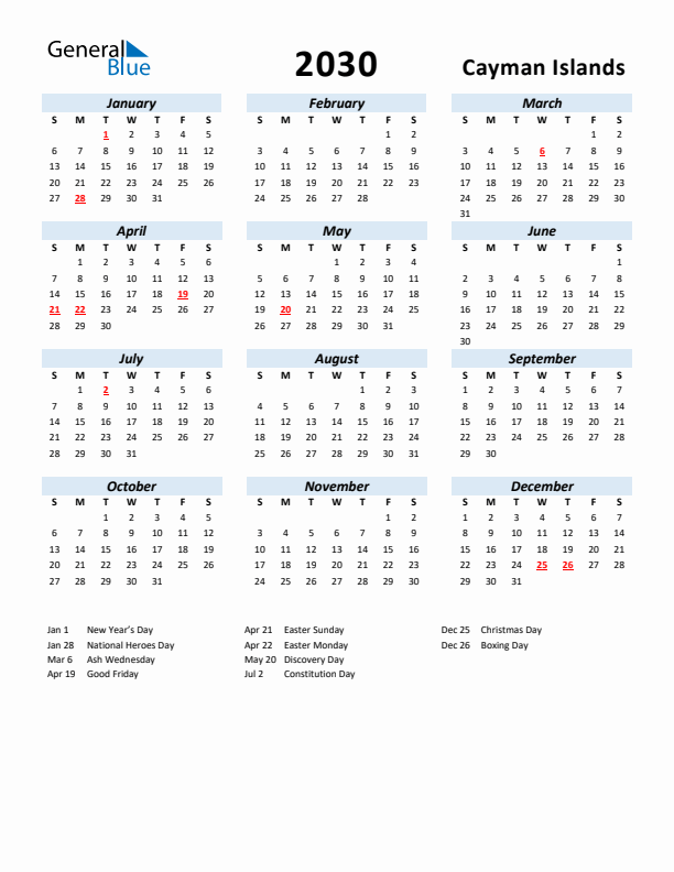 2030 Calendar for Cayman Islands with Holidays