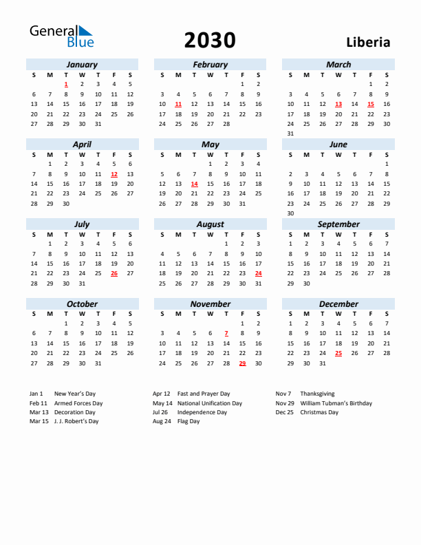 2030 Calendar for Liberia with Holidays