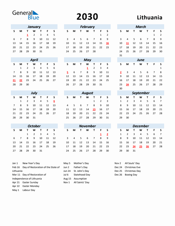 2030 Calendar for Lithuania with Holidays