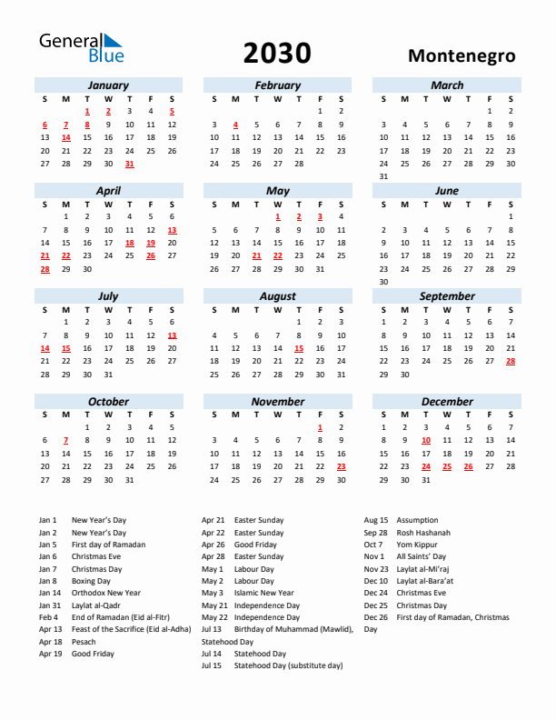2030 Calendar for Montenegro with Holidays