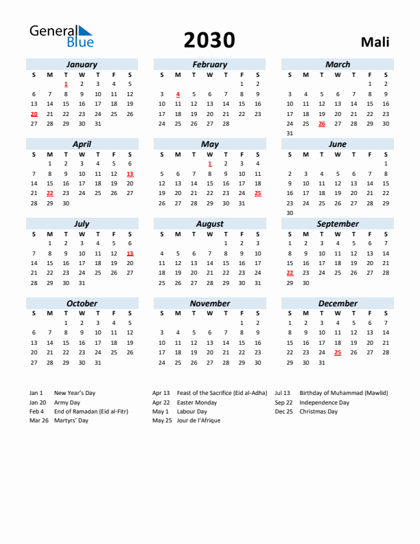 2030 Calendar for Mali with Holidays