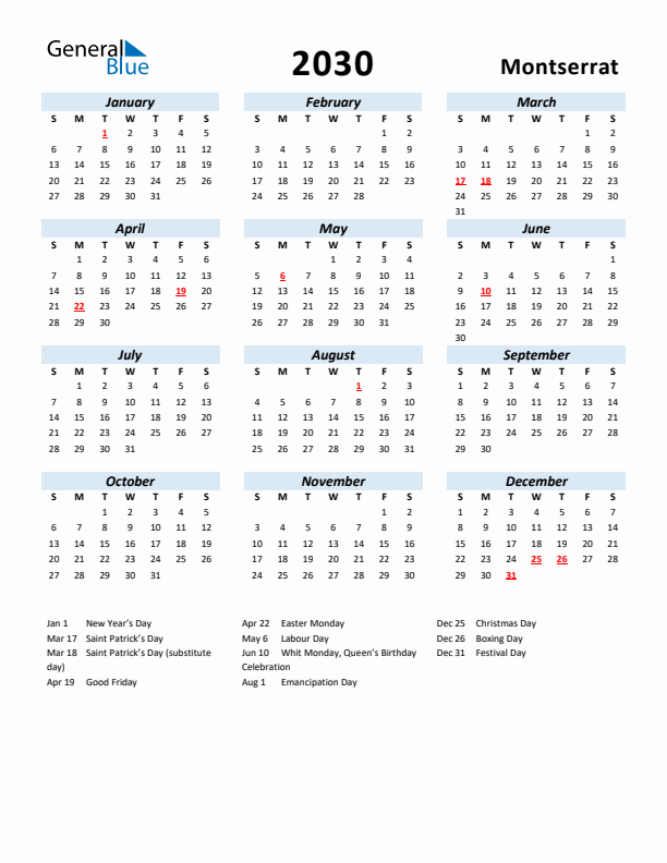 2030 Calendar for Montserrat with Holidays