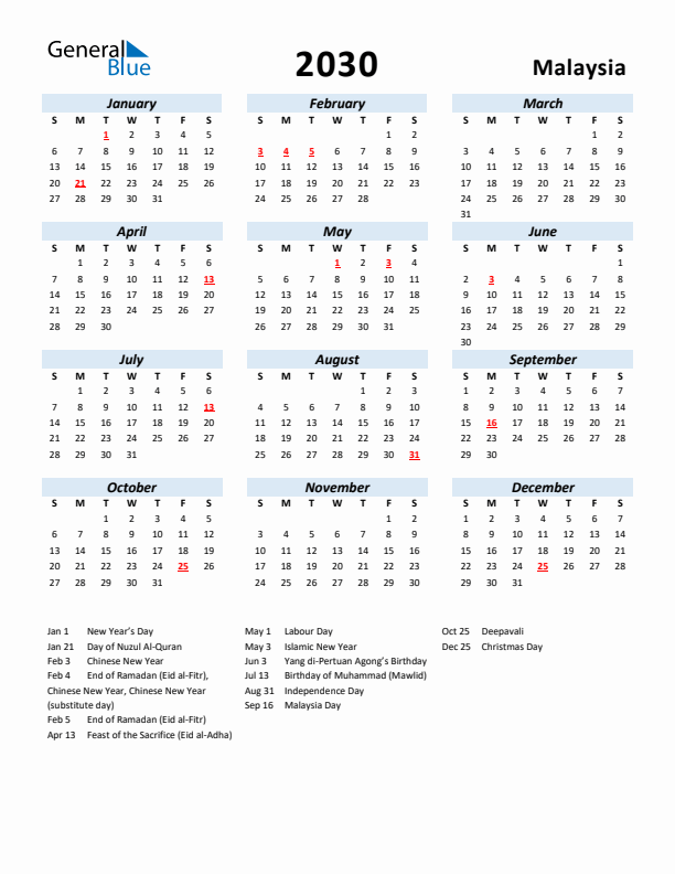 2030 Calendar for Malaysia with Holidays