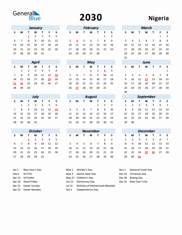 2030 Calendar for Nigeria with Holidays