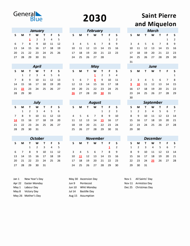 2030 Calendar for Saint Pierre and Miquelon with Holidays