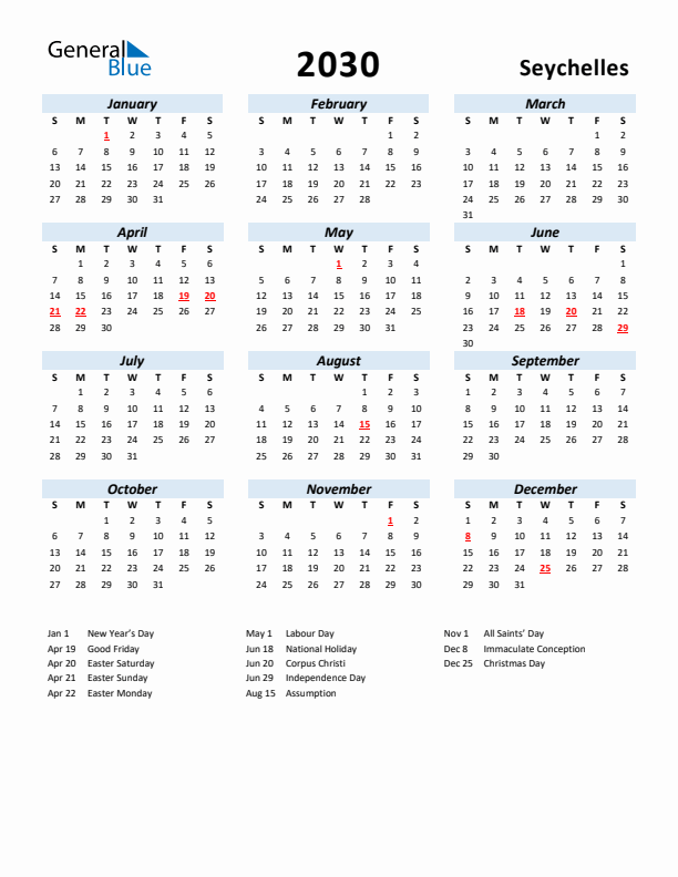 2030 Calendar for Seychelles with Holidays