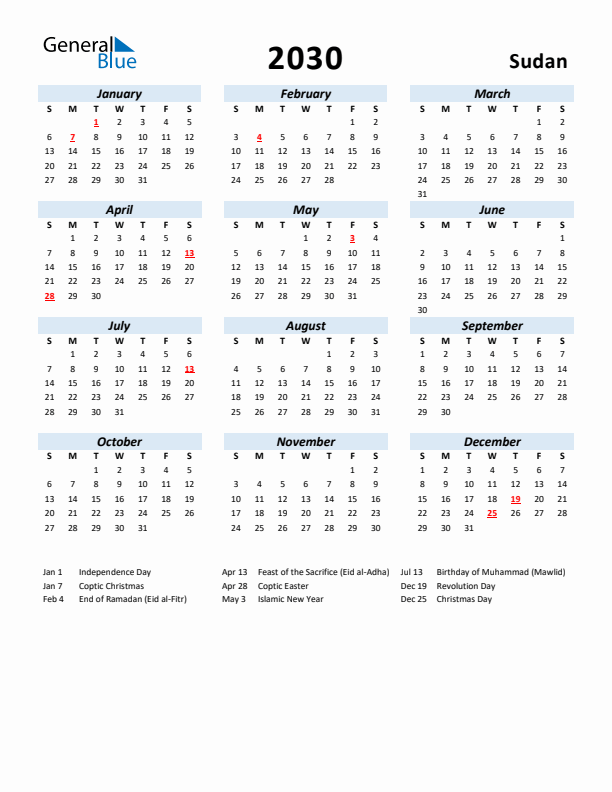 2030 Calendar for Sudan with Holidays