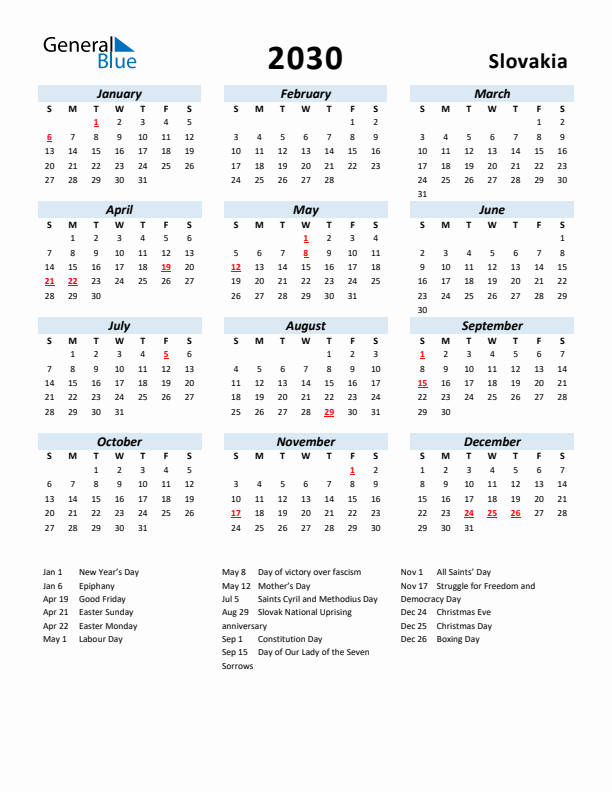2030 Calendar for Slovakia with Holidays