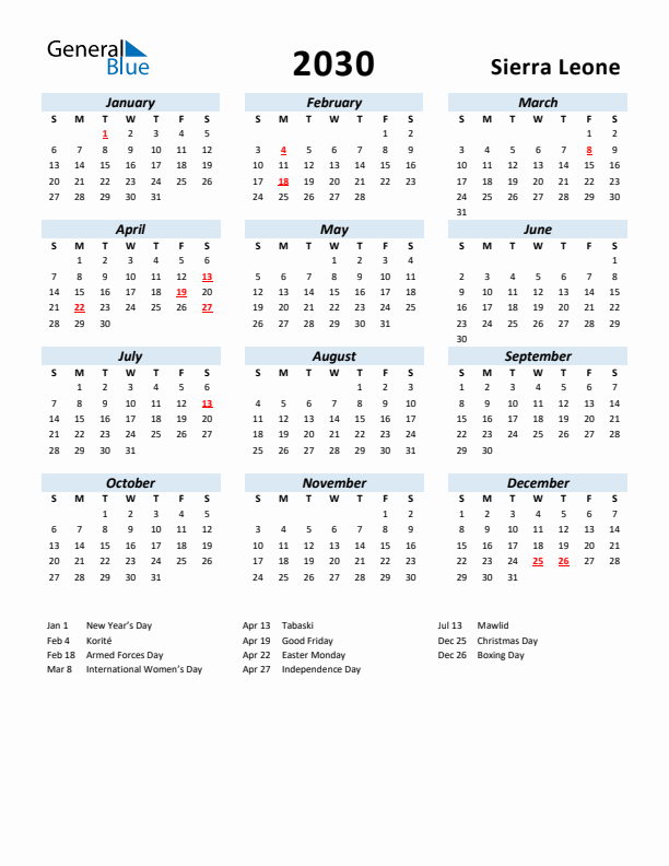 2030 Calendar for Sierra Leone with Holidays