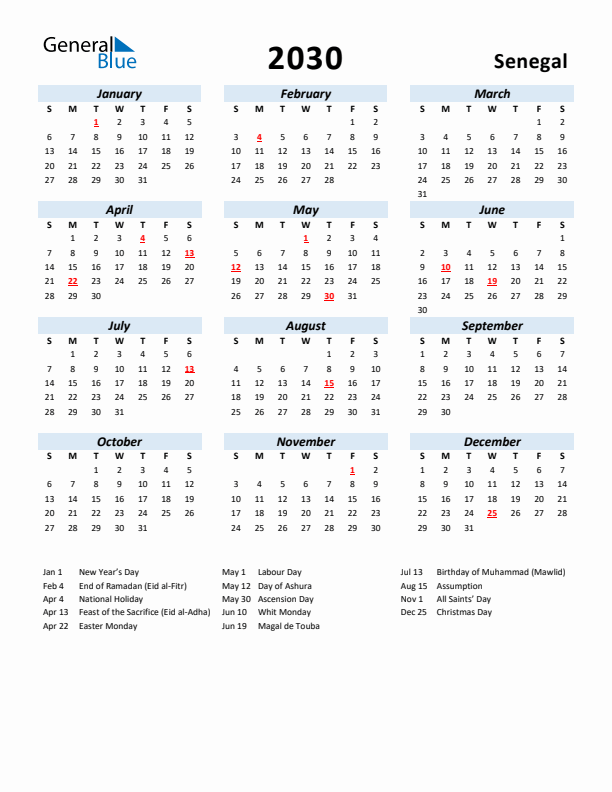 2030 Calendar for Senegal with Holidays