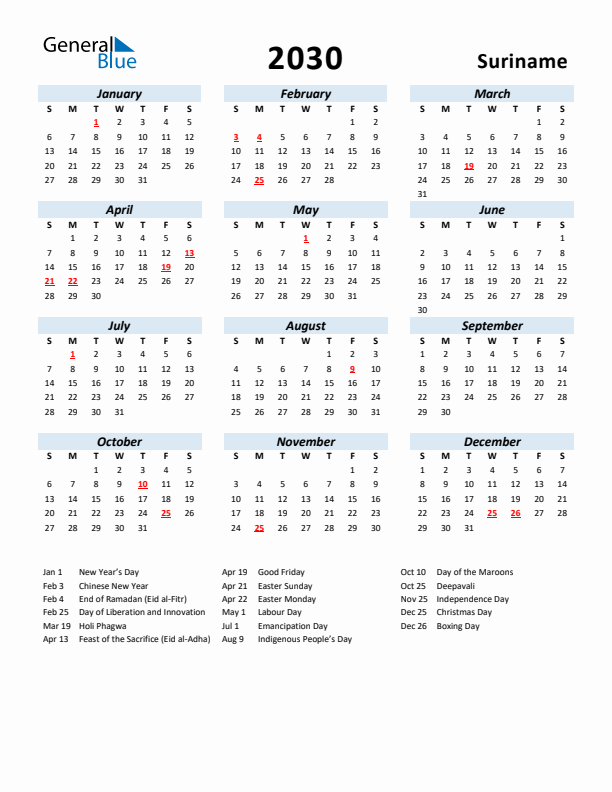 2030 Calendar for Suriname with Holidays