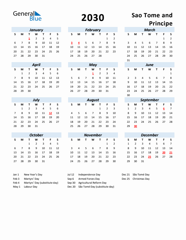 2030 Calendar for Sao Tome and Principe with Holidays