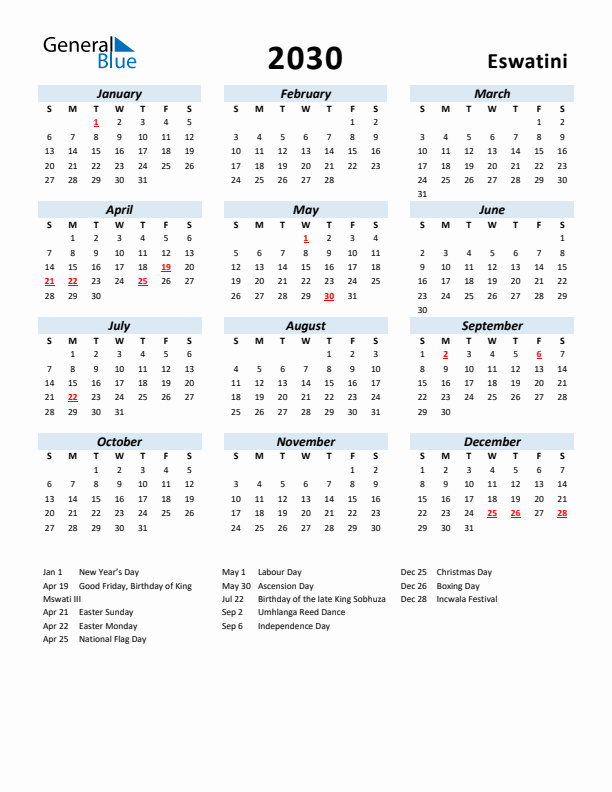 2030 Calendar for Eswatini with Holidays