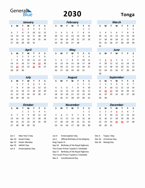 2030 Calendar for Tonga with Holidays