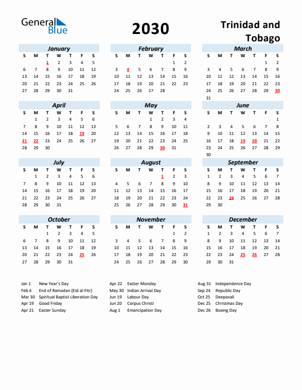 2030 Calendar for Trinidad and Tobago with Holidays