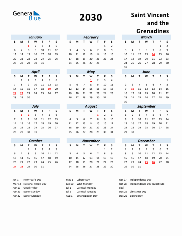 2030 Calendar for Saint Vincent and the Grenadines with Holidays