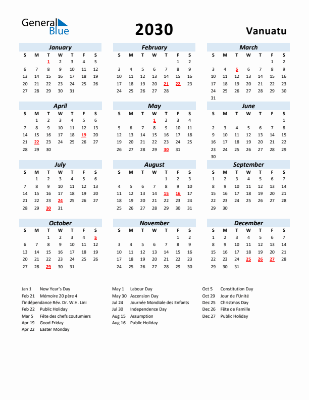 2030 Calendar for Vanuatu with Holidays