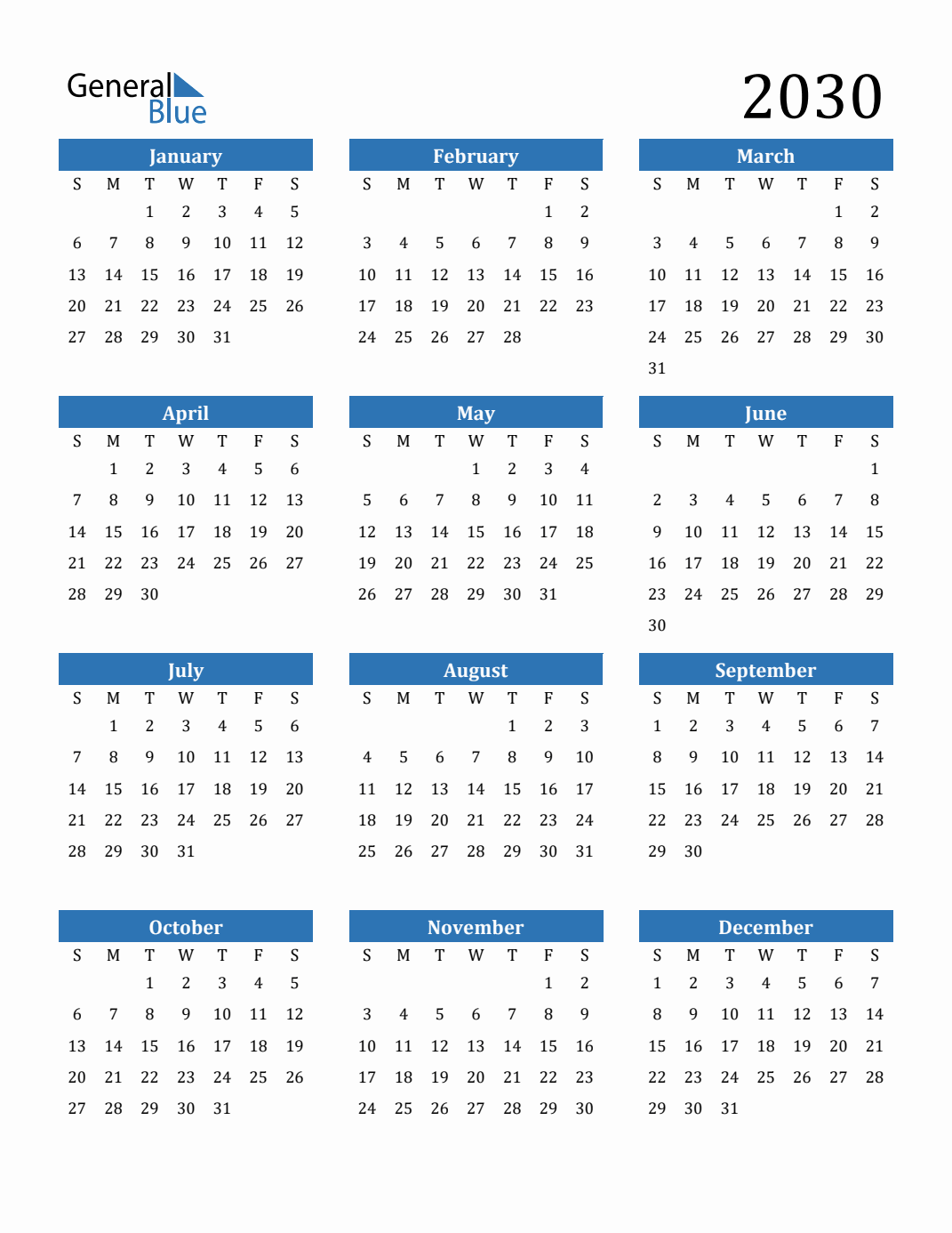 Free 2030 Calendars in PDF, Word, Excel