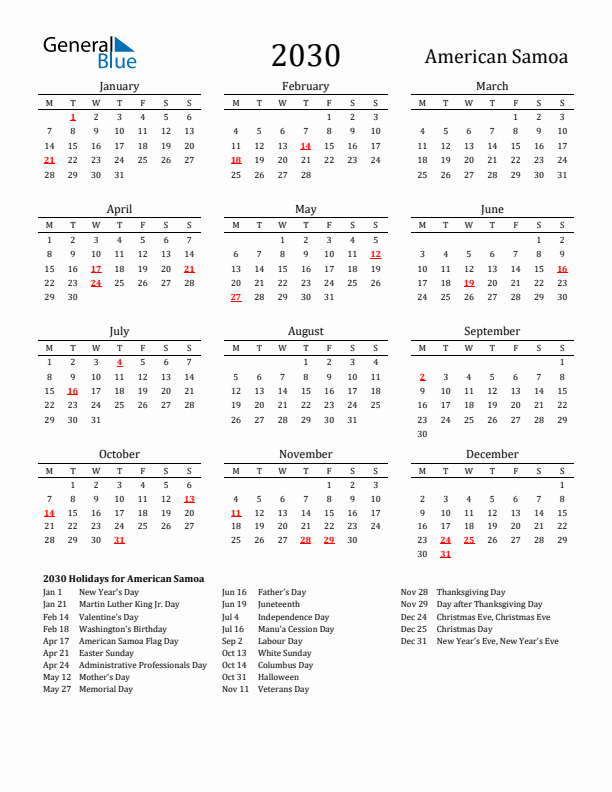 American Samoa Holidays Calendar for 2030