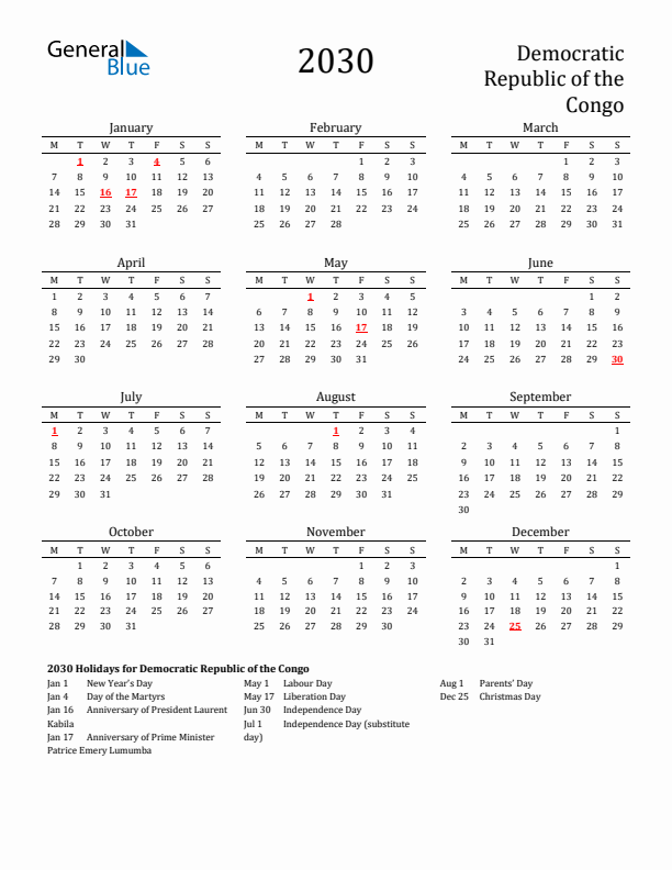 Democratic Republic of the Congo Holidays Calendar for 2030