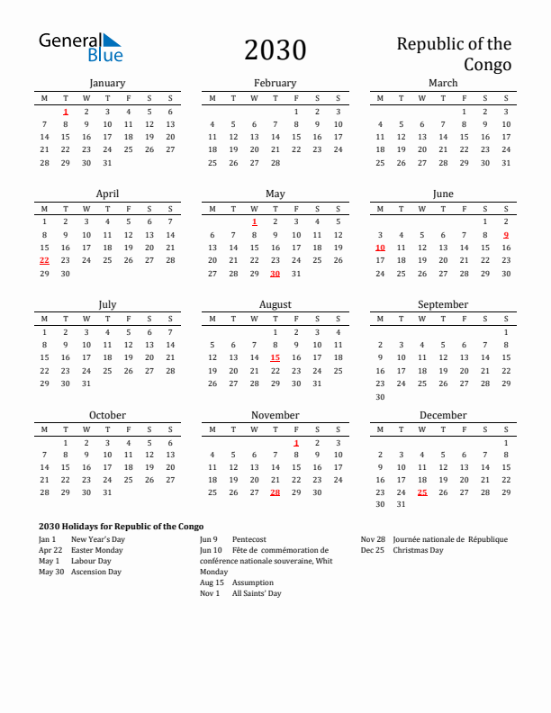 Republic of the Congo Holidays Calendar for 2030