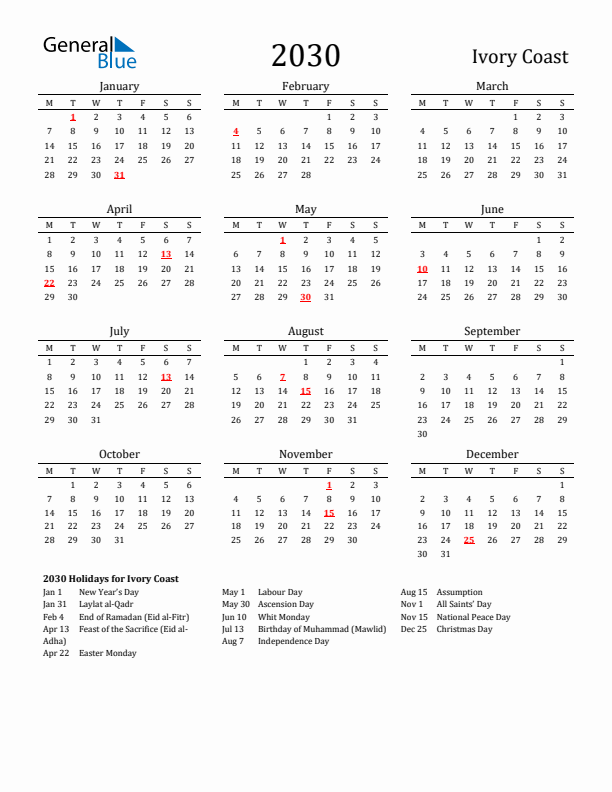 Ivory Coast Holidays Calendar for 2030