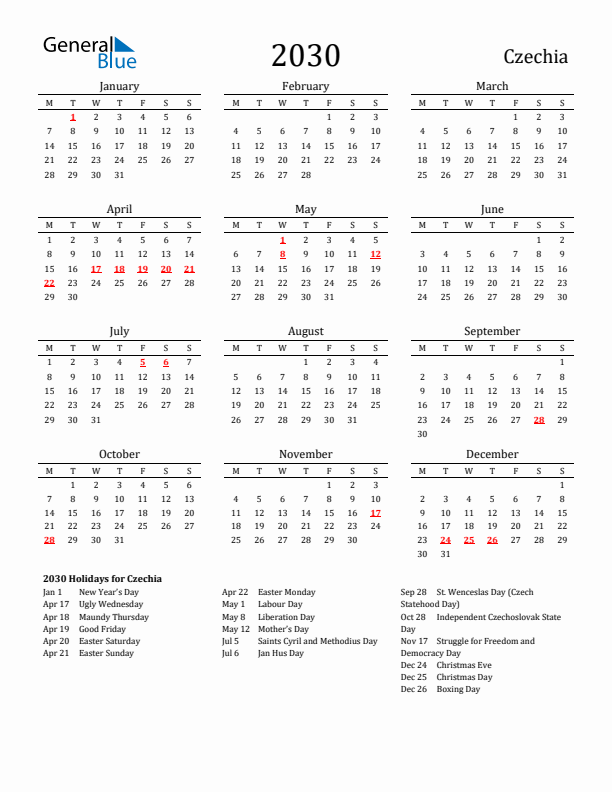 Czechia Holidays Calendar for 2030
