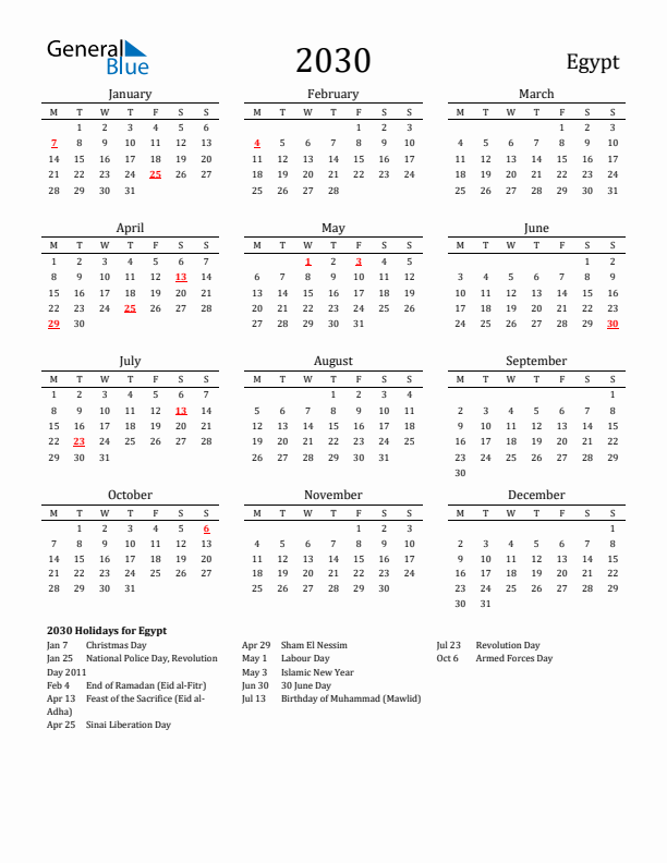 Egypt Holidays Calendar for 2030