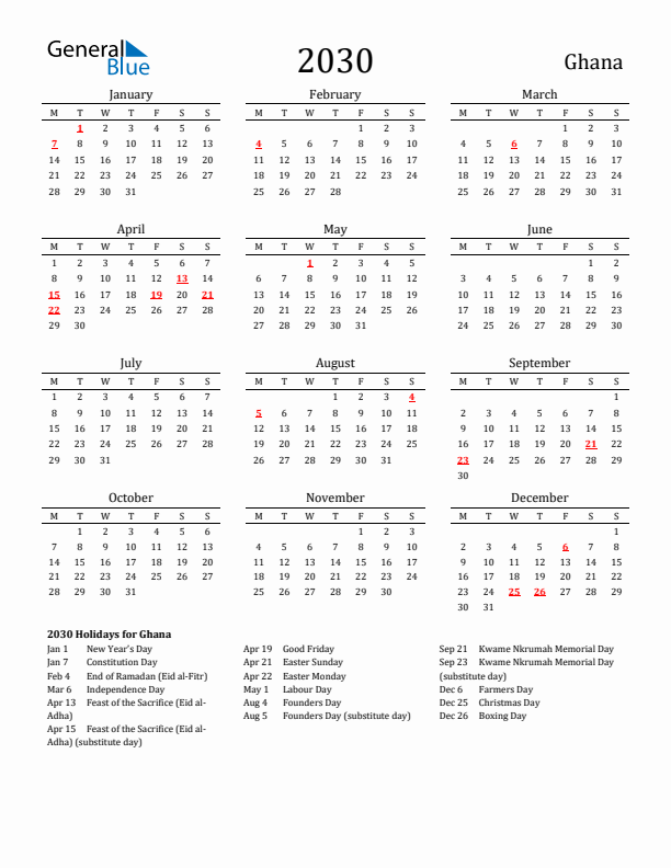 Ghana Holidays Calendar for 2030