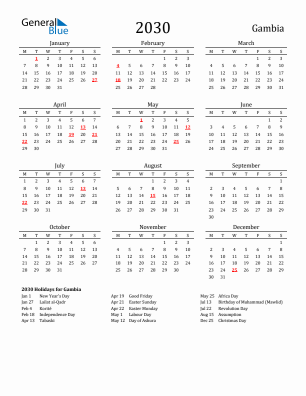 Gambia Holidays Calendar for 2030