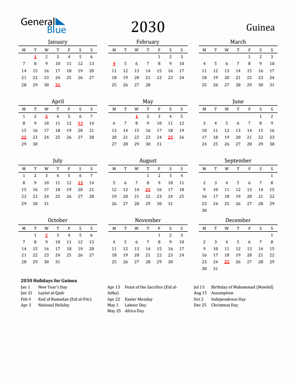 Guinea Holidays Calendar for 2030