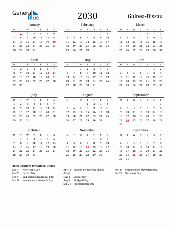Guinea-Bissau Holidays Calendar for 2030