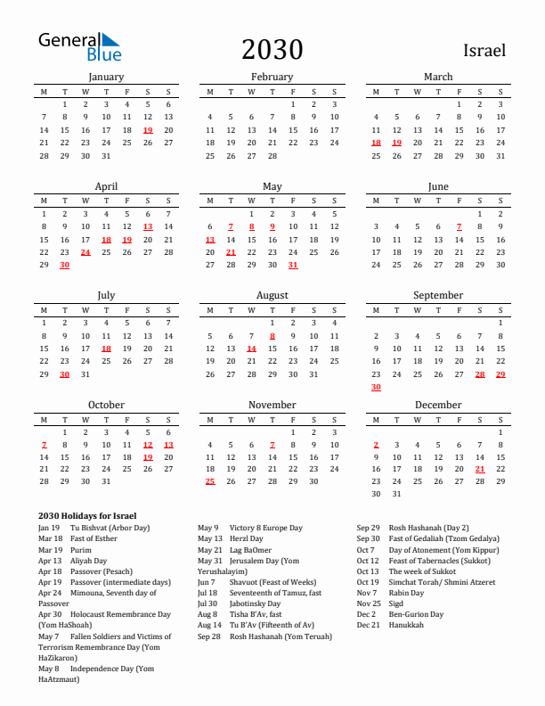Israel Holidays Calendar for 2030