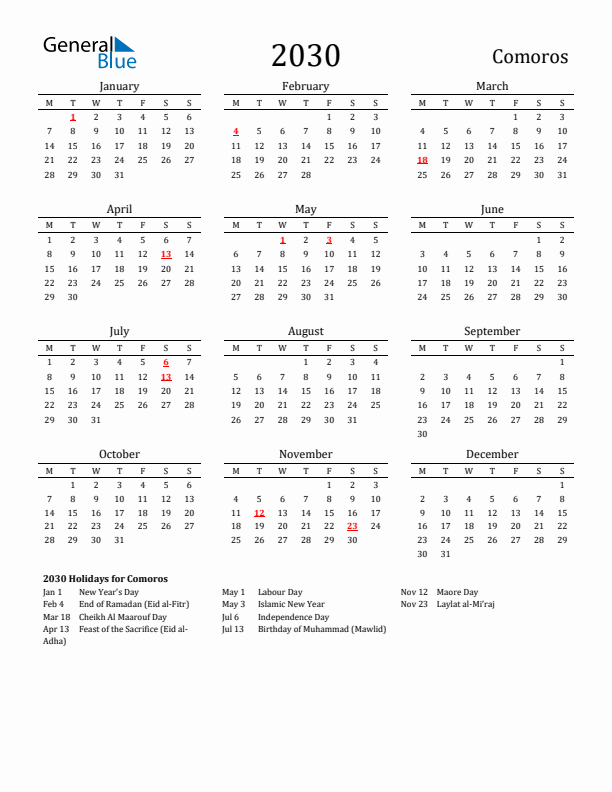 Comoros Holidays Calendar for 2030