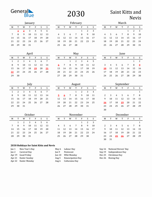 Saint Kitts and Nevis Holidays Calendar for 2030