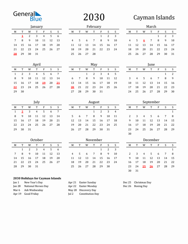 Cayman Islands Holidays Calendar for 2030