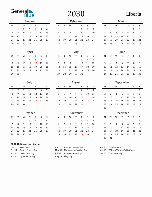 Liberia Holidays Calendar for 2030