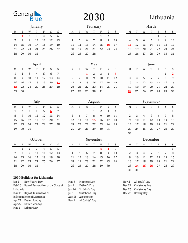 Lithuania Holidays Calendar for 2030