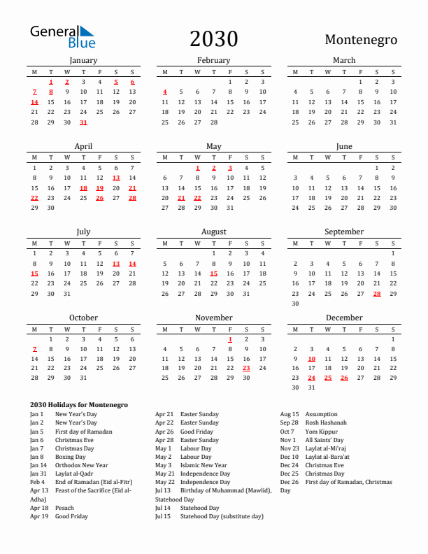 Montenegro Holidays Calendar for 2030