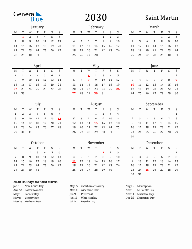 Saint Martin Holidays Calendar for 2030